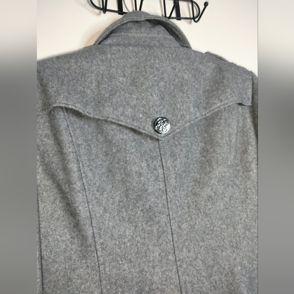 Guess (Size L) Gray Ruffle Layered Hem Wool Blend Button Down Belted Cuff Coat - Picture 15 of 16